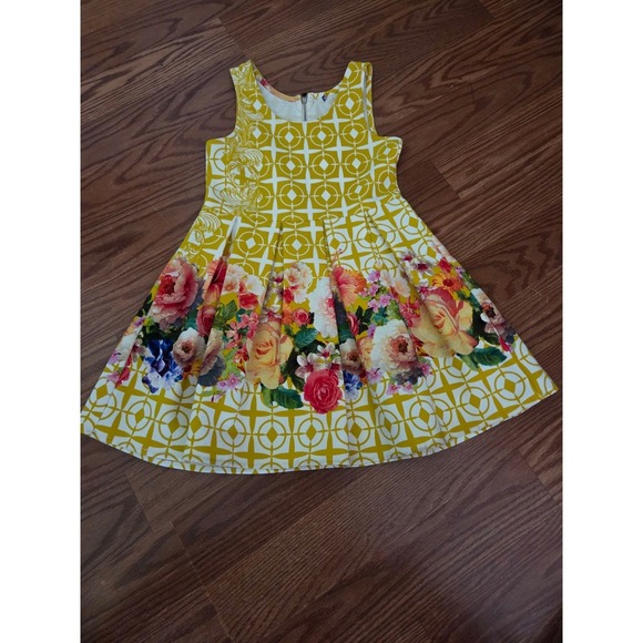 Other - Girls Yellow Geometric Floral Sleeveless Pleated Fit and Flare Party Dress